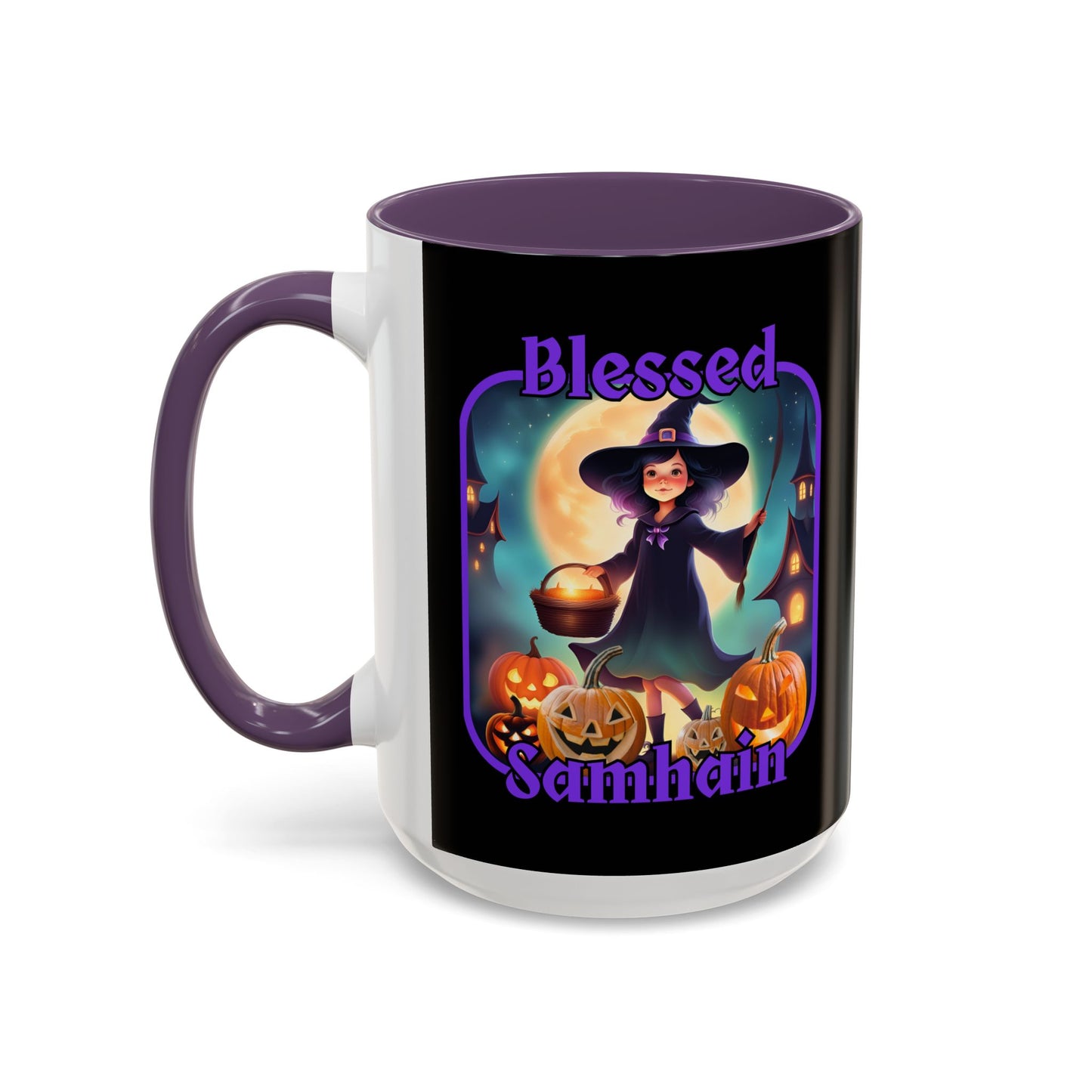 Blessed Samhain Little Witch Purple font Black Accent Mug by CreepyCrafts.boo