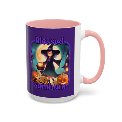 Blessed Samhain Little Witch Purple font Purple Accent Mug by CreepyCrafts.boo