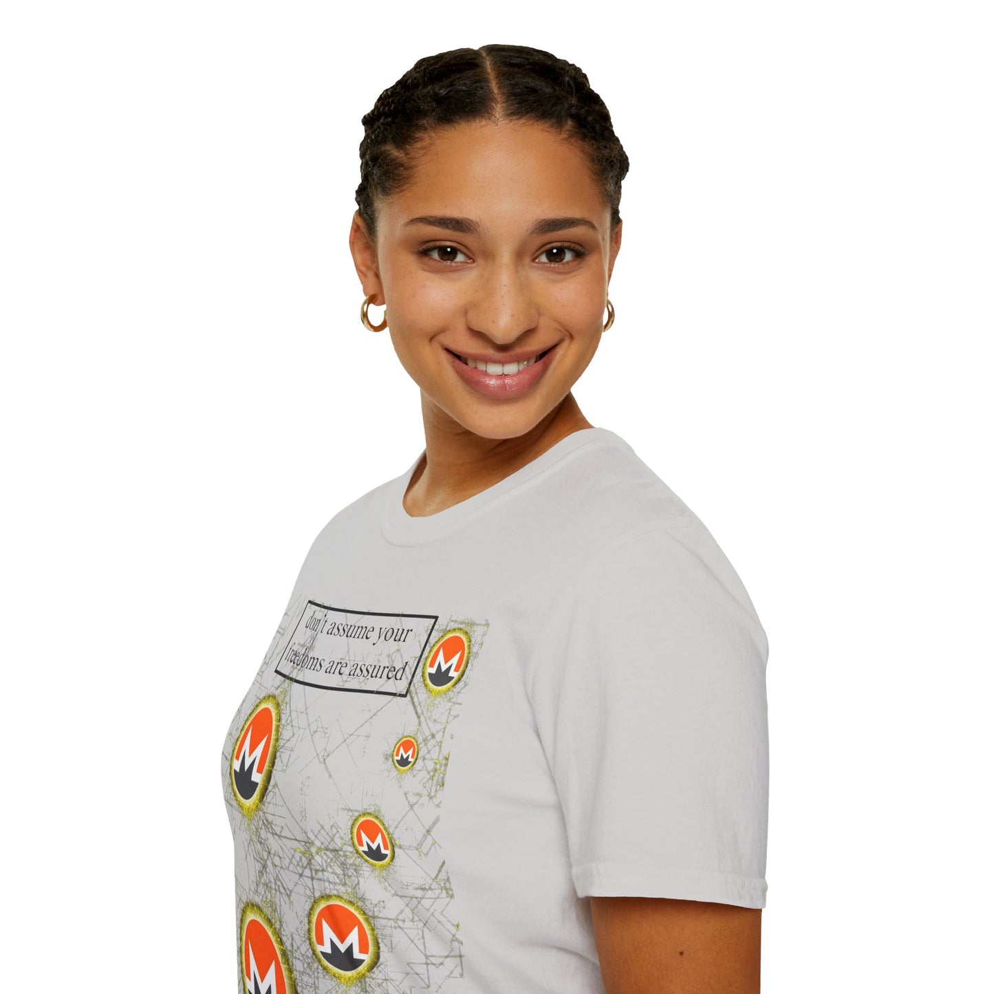 Monero (XMR) don't assume your freedoms are assured Light colors Unisex T-Shirt by cypherpunkgear.com