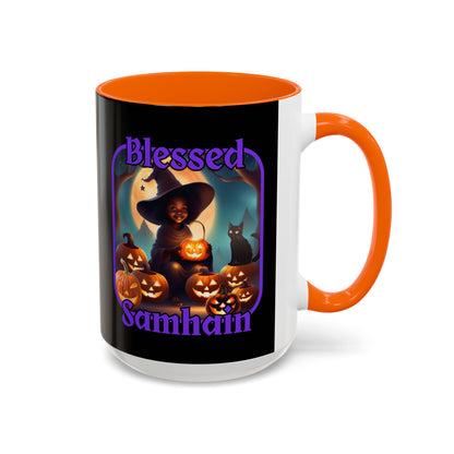 Blessed Samhain Cute Witch Purple font Black Accent Mug by CreepyCrafts.boo