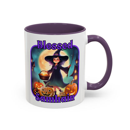 Blessed Samhain Little Witch Purple font White Accent Mug by CreepyCrafts.boo