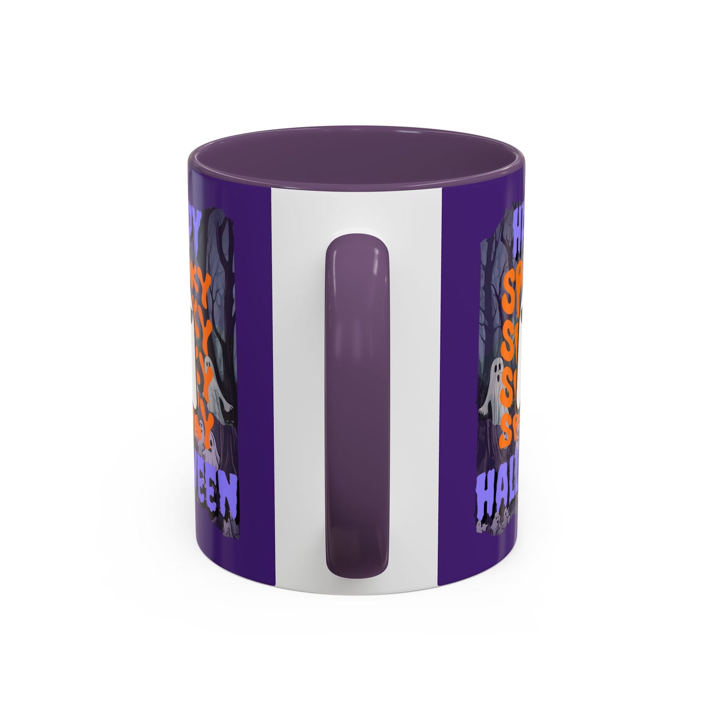 Spooky Happy Halloween Ghost Purple font Purple Accent Mug by CreepyCrafts.boo