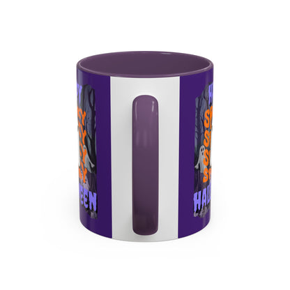 Spooky Happy Halloween Ghost Purple font Purple Accent Mug by CreepyCrafts.boo