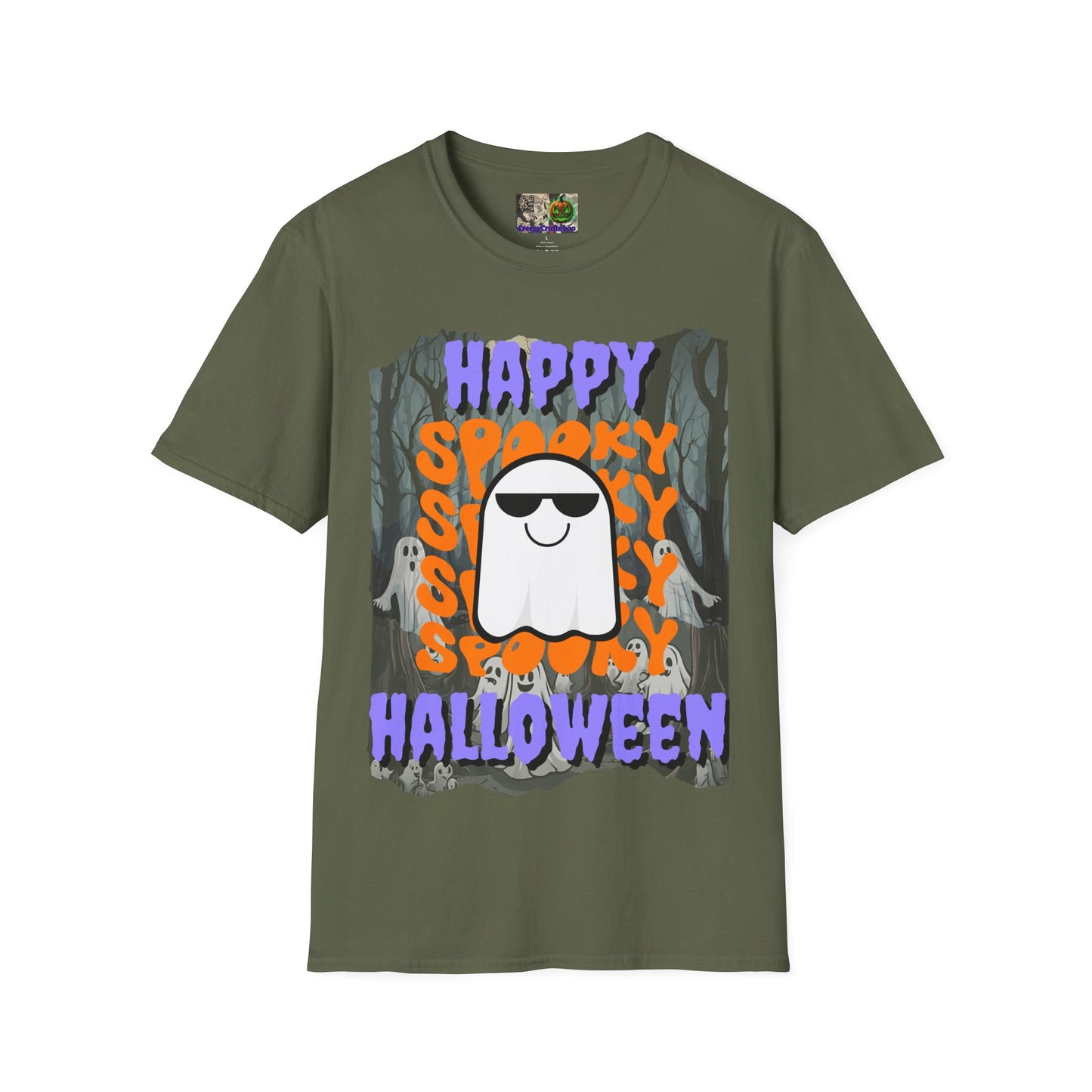 Spooky Happy Halloween Ghost Dark colors Purple font Unisex T-Shirt by CreepyCrafts.boo