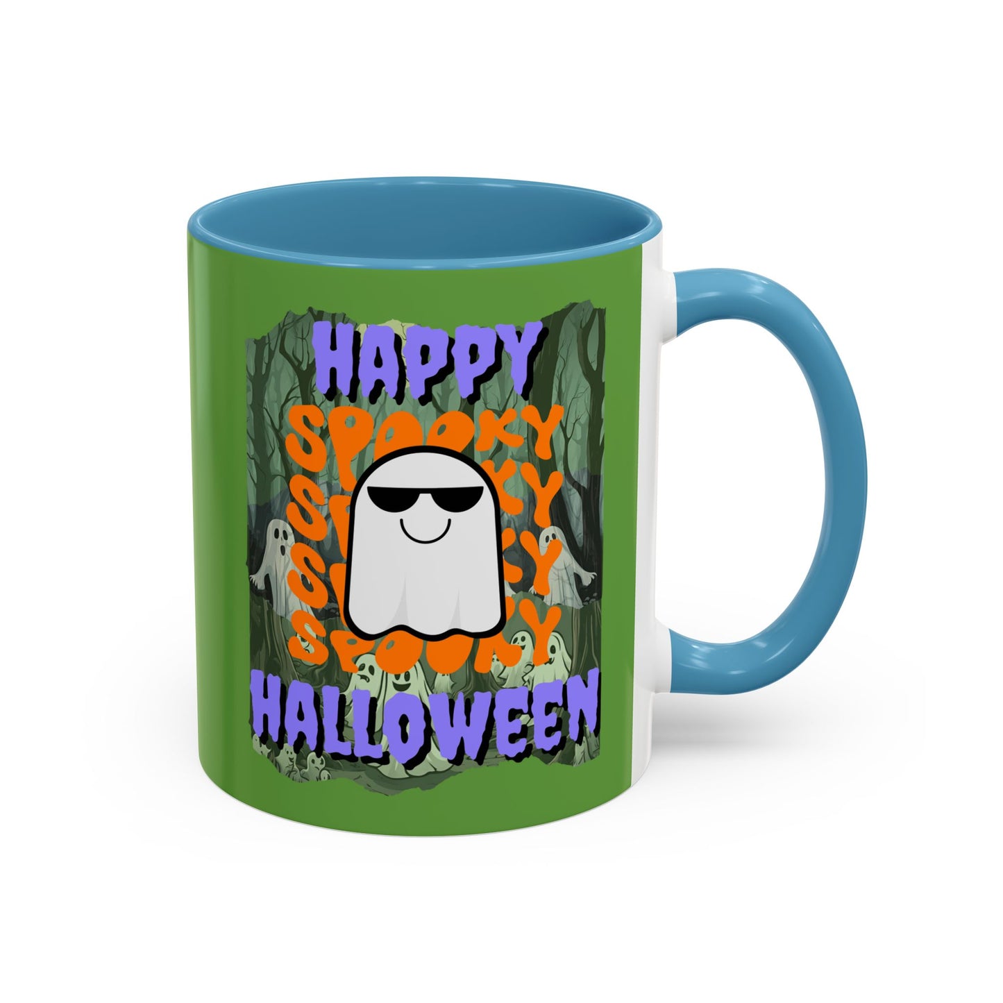 Spooky Happy Halloween Ghost Purple font Green Accent Mug by CreepyCrafts.boo