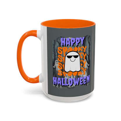 Spooky Happy Halloween Ghost Purple font Grey Accent Mug by CreepyCrafts.boo