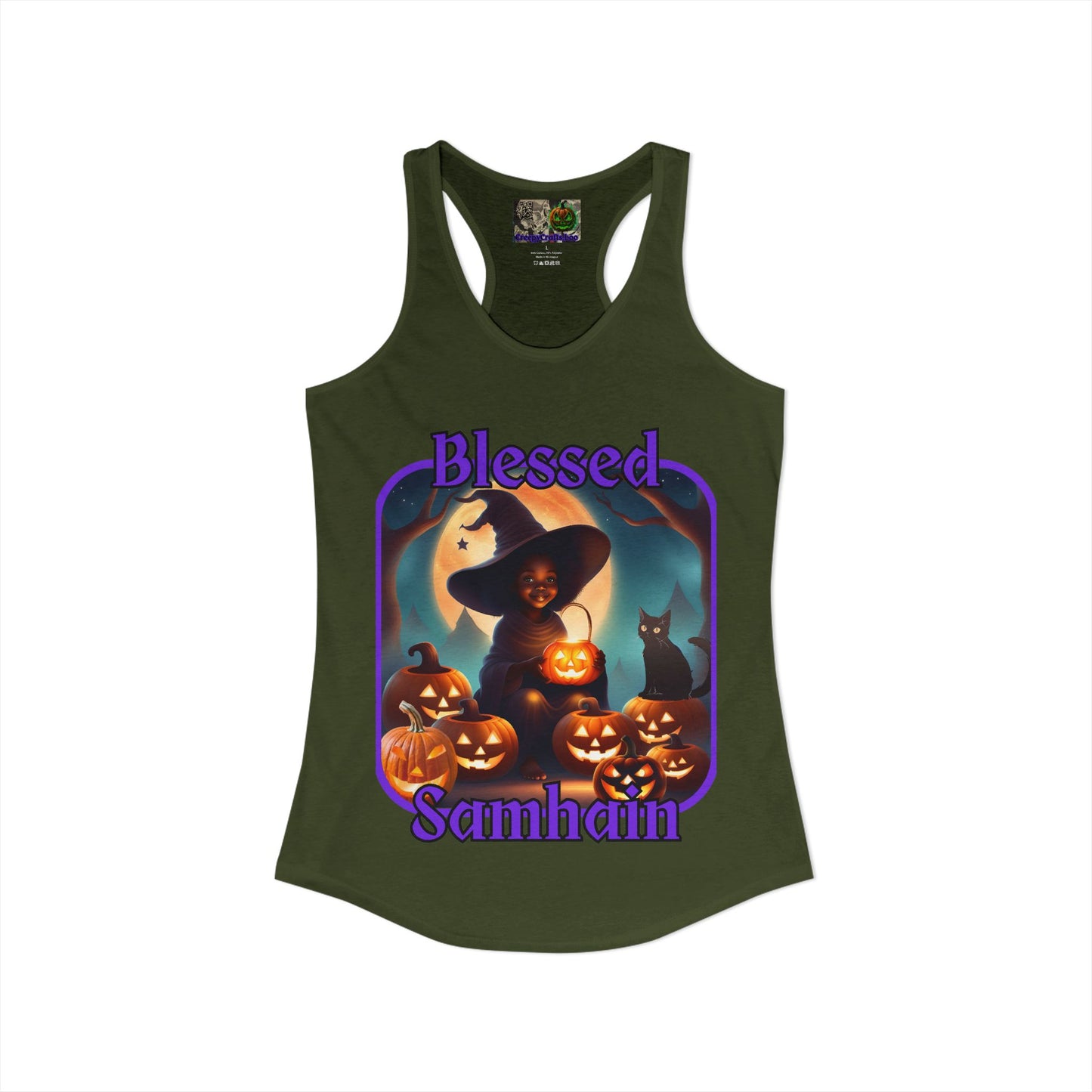 Blessed Samhain Cute Witch Purple font Women's Racerback Tank Top by CreepyCrafts.boo