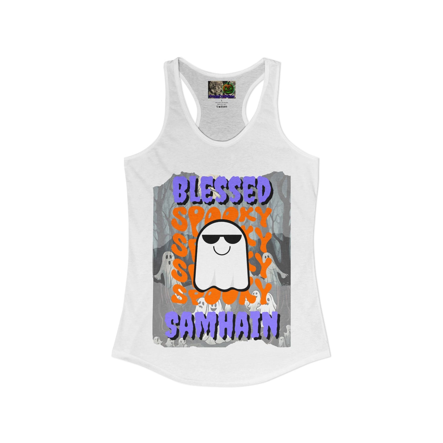 Spooky Blessed Samhain Ghost Purple font Women's Racerback Tank Top by CreepyCrafts.boo