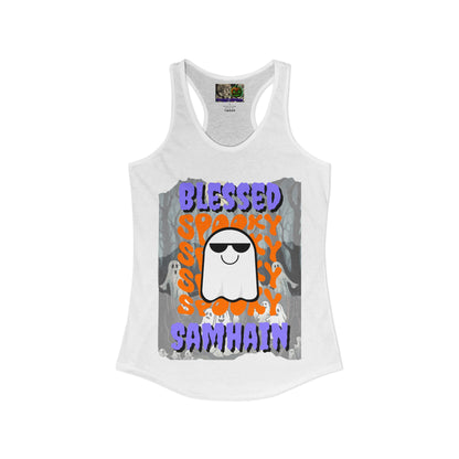 Spooky Blessed Samhain Ghost Purple font Women's Racerback Tank Top by CreepyCrafts.boo