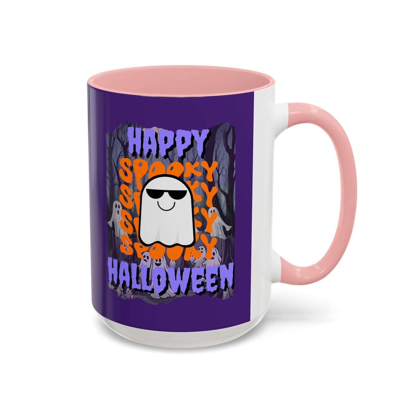 Spooky Happy Halloween Ghost Purple font Purple Accent Mug by CreepyCrafts.boo