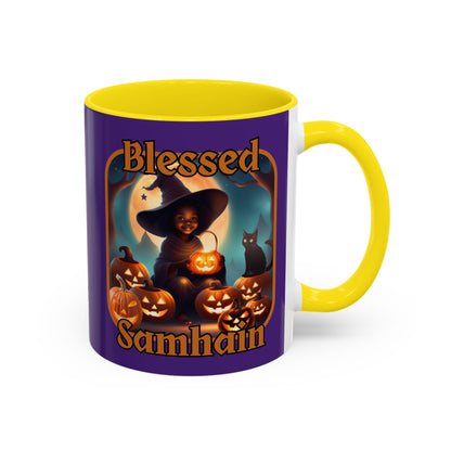 Blessed Samhain Cute Witch Orange font Purple Accent Mug by CreepyCrafts.boo
