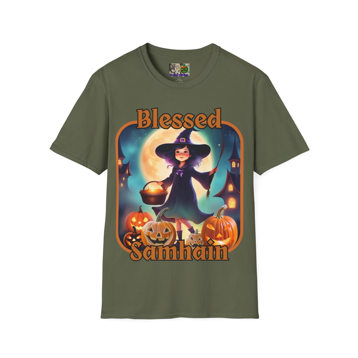 Blessed Samhain Little Witch Orange font Dark colors Unisex T-Shirt by CreepyCrafts.boo