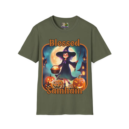Blessed Samhain Little Witch Orange font Dark colors Unisex T-Shirt by CreepyCrafts.boo