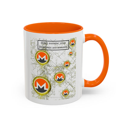 Monero (XMR) don't assume your freedoms are assured White Accent Mug by cypherpunkgear.com
