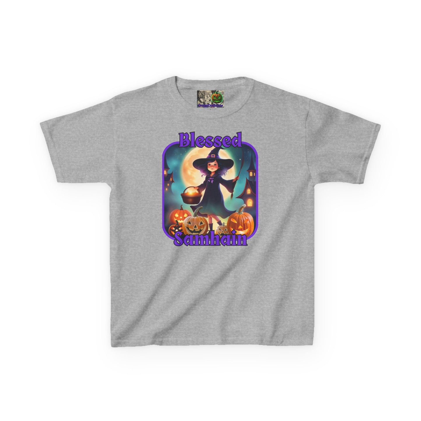 Blessed Samhain Little Witch Purple font Kids Heavy Cotton™ Tee by CreepyCrafts.boo