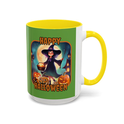 Happy Halloween Little Witch Orange font Green Accent Mug by CreepyCrafts.boo