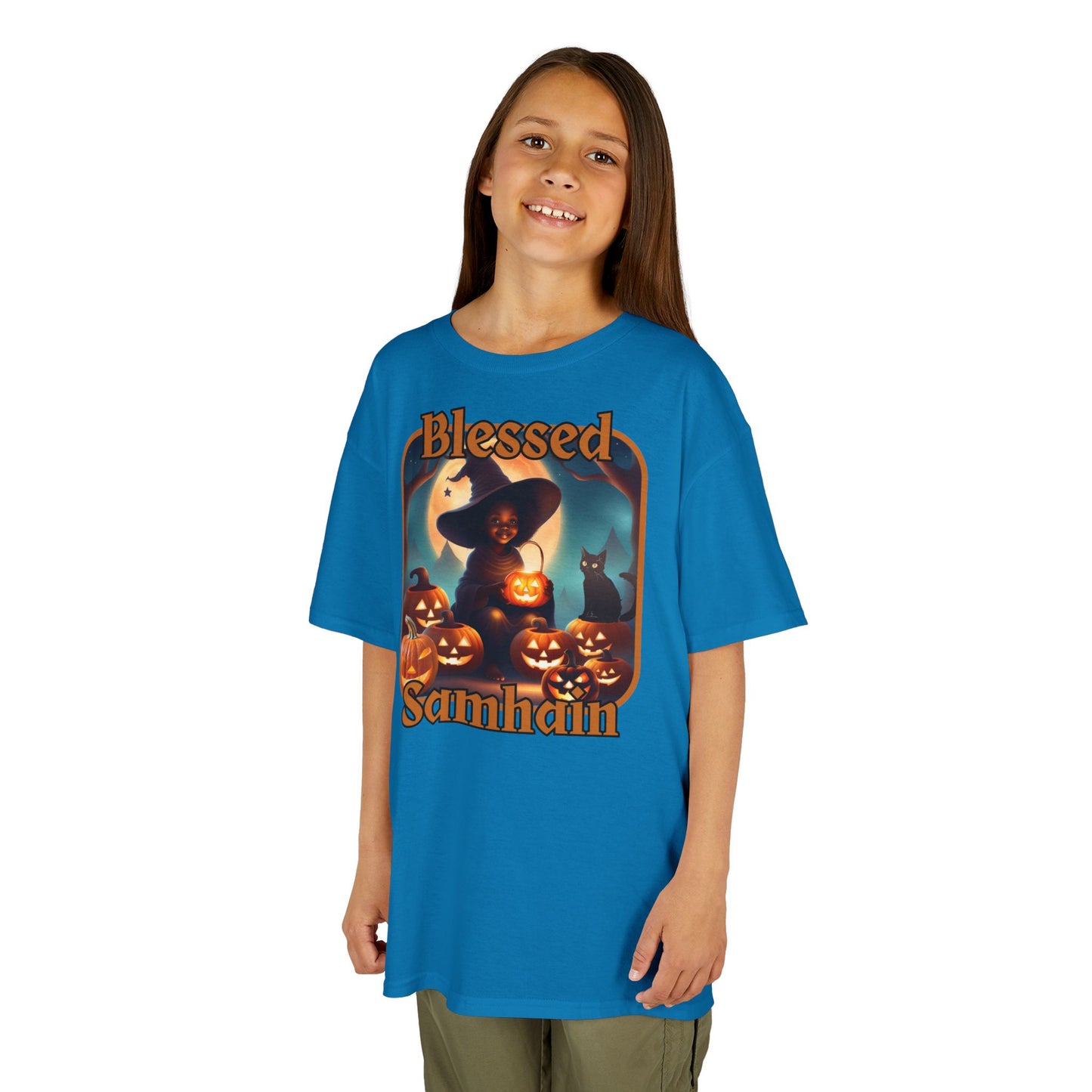 Blessed Samhain Cute Witch Orange font Kids Heavy Cotton™ Tee by CreepyCrafts.boo
