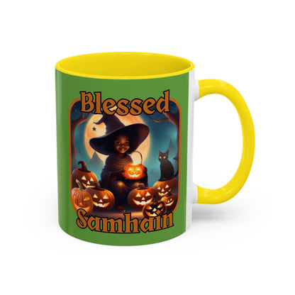 Blessed Samhain Cute Witch Orange font Green Accent Mug by CreepyCrafts.boo
