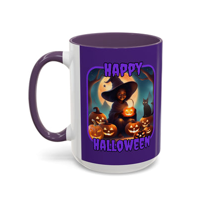 Happy Halloween Cute Witch Purple font Purple Accent Mug by CreepyCrafts.boo