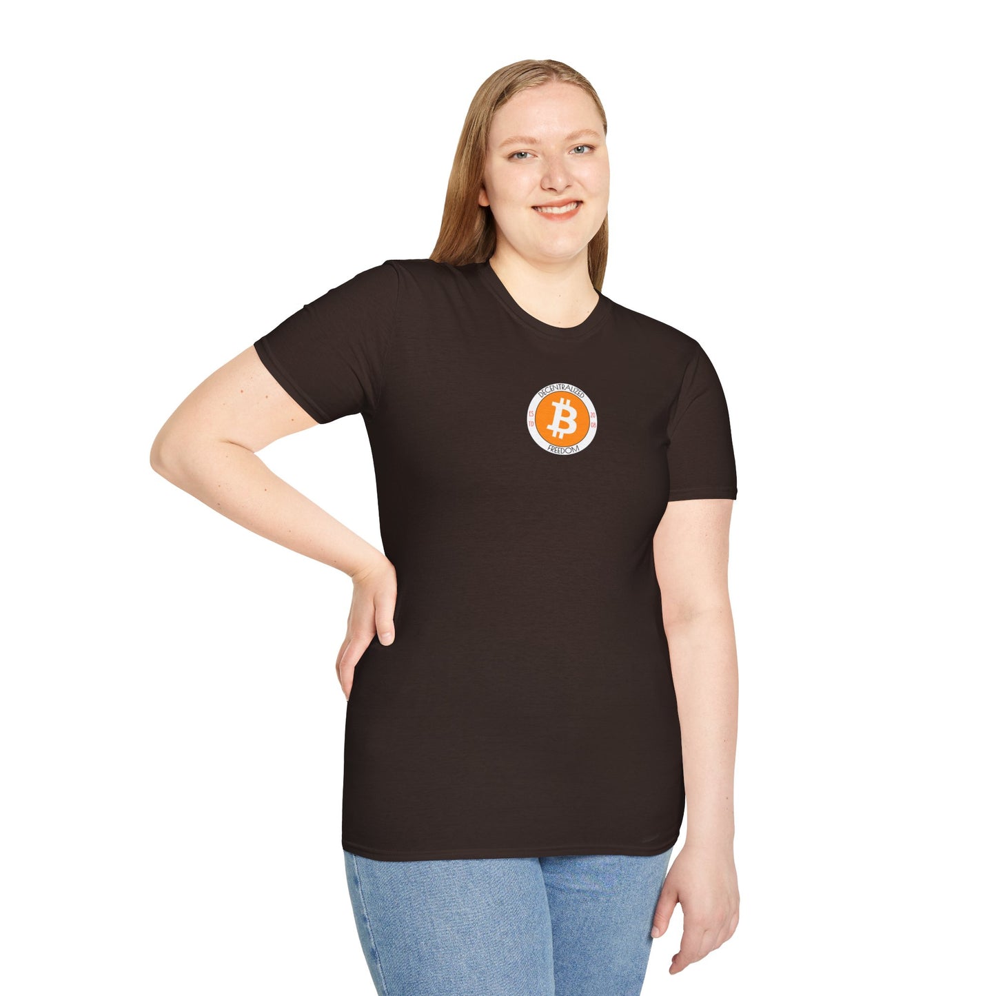 2-sided, Bitcoin (BTC) Decentralized Freedom Dark colors Unisex T-Shirt by cypherpunkgear.com