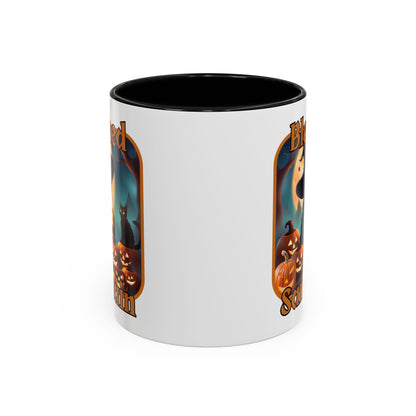 Blessed Samhain Cute Witch Orange font White Accent Mug by CreepyCrafts.boo