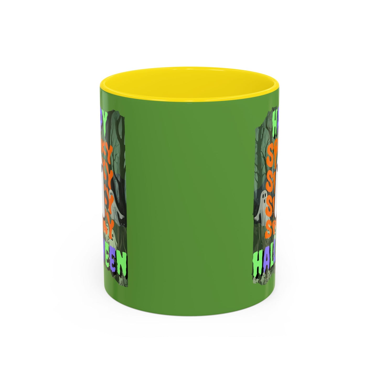 Spooky Happy Halloween Ghost Mixed font Green Accent Mug by CreepyCrafts.boo