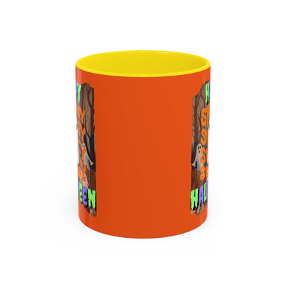 Spooky Happy Halloween Ghost Mixed font Orange Accent Mug by CreepyCrafts.boo