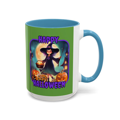 Happy Halloween Little Witch Purple font Green Accent Mug by CreepyCrafts.boo