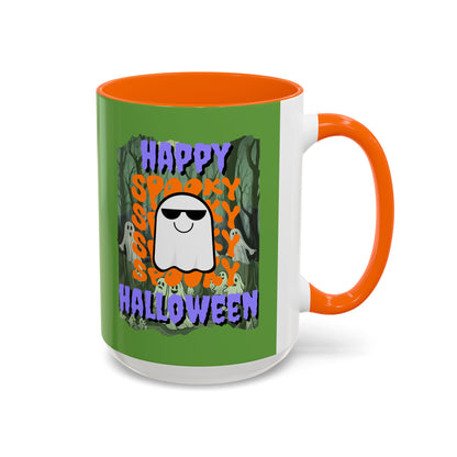 Spooky Happy Halloween Ghost Purple font Green Accent Mug by CreepyCrafts.boo
