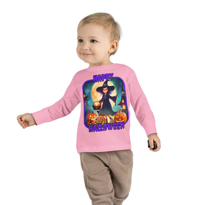 Happy Halloween Little Witch Purple font Toddler Long Sleeve Tee by CreepyCrafts.boo