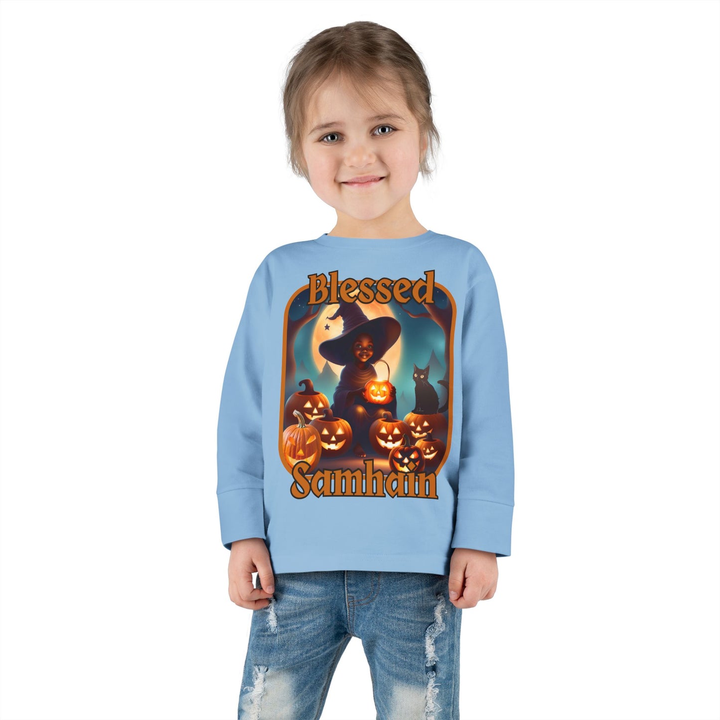 Blessed Samhain Cute Witch Orange font Toddler Long Sleeve Tee by CreepyCrafts.boo