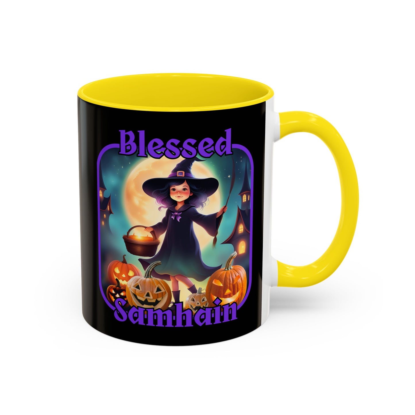 Blessed Samhain Little Witch Purple font Black Accent Mug by CreepyCrafts.boo