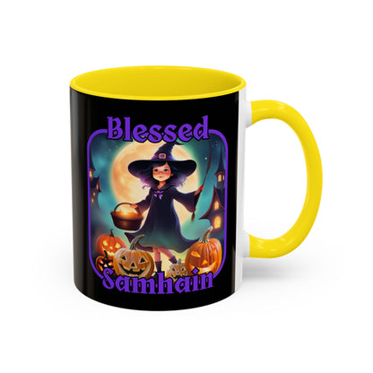 Blessed Samhain Little Witch Purple font Black Accent Mug by CreepyCrafts.boo