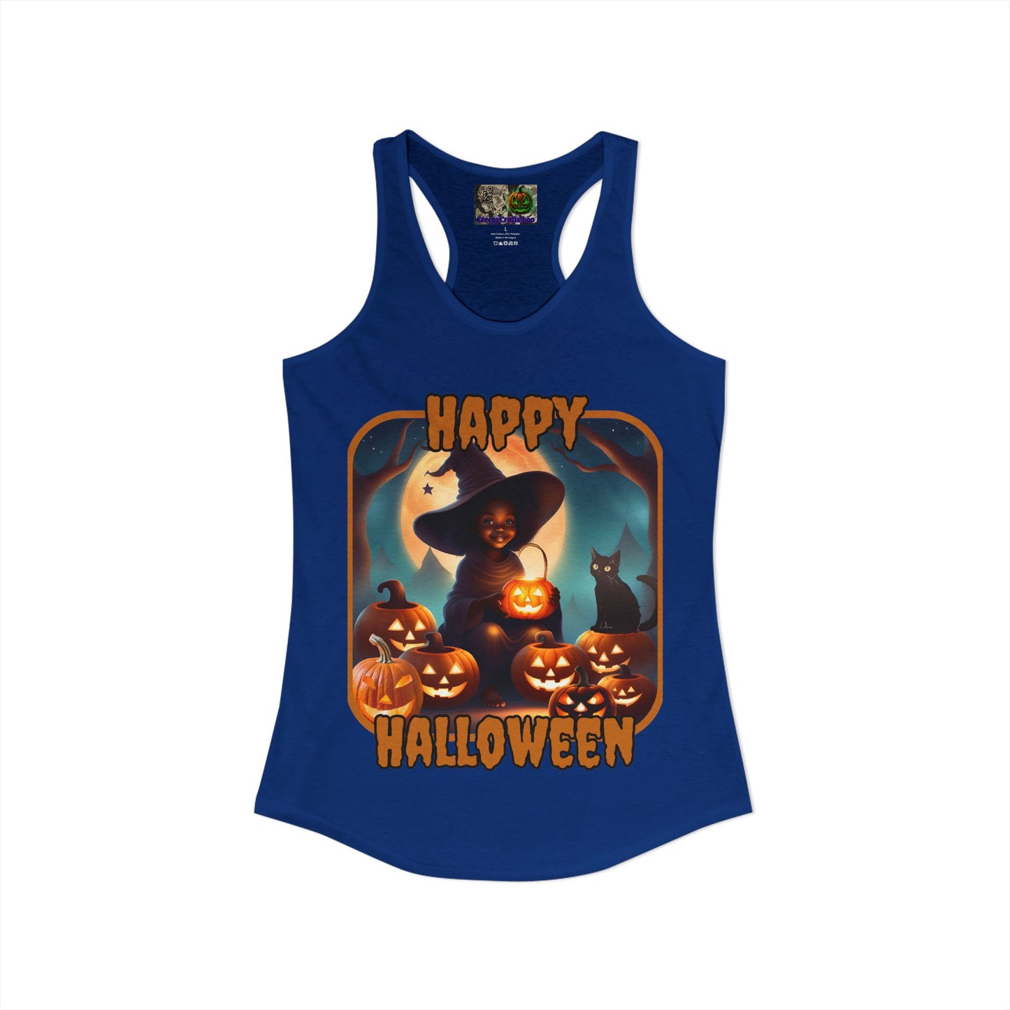 Happy Halloween Cute Witch Orange font Women's Racerback Tank Top by CreepyCrafts.boo