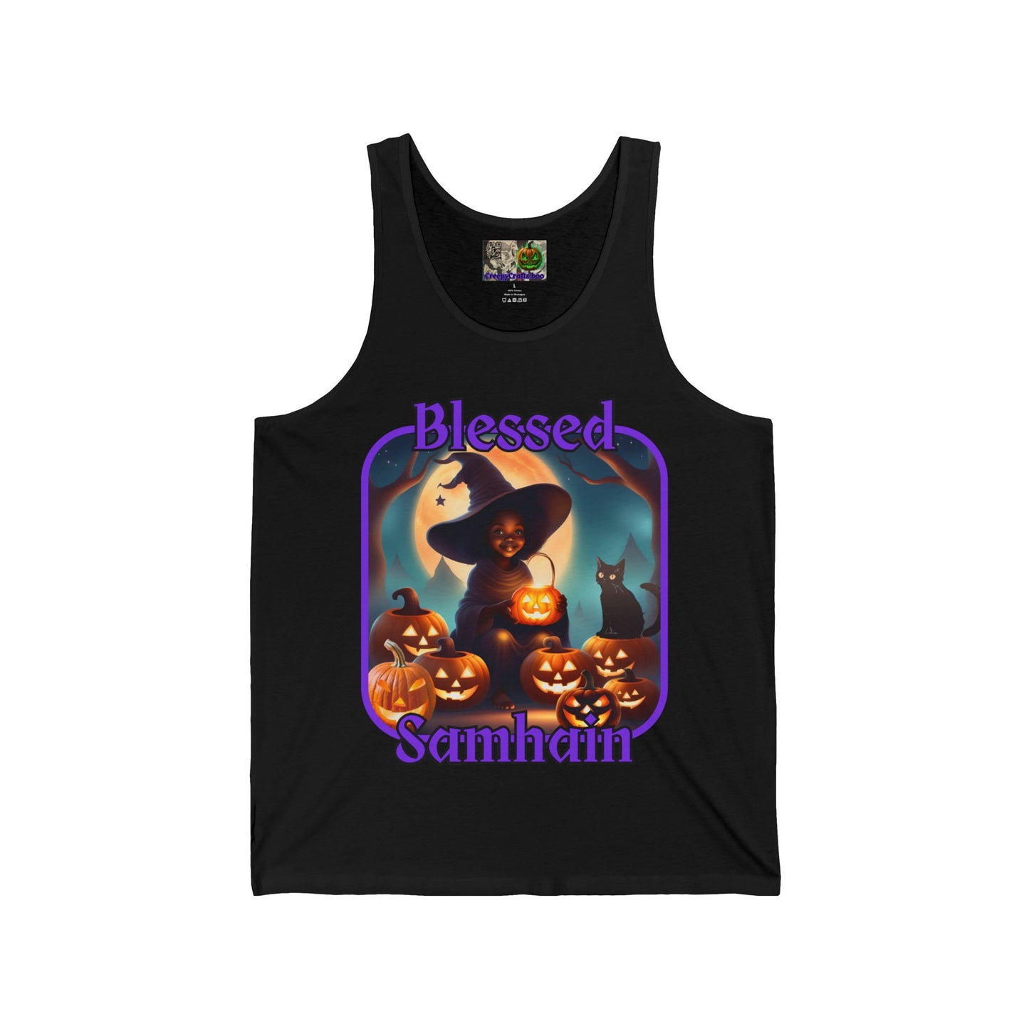 Blessed Samhain Cute Witch Purple font Unisex Jersey Tank Top by CreepyCrafts.boo