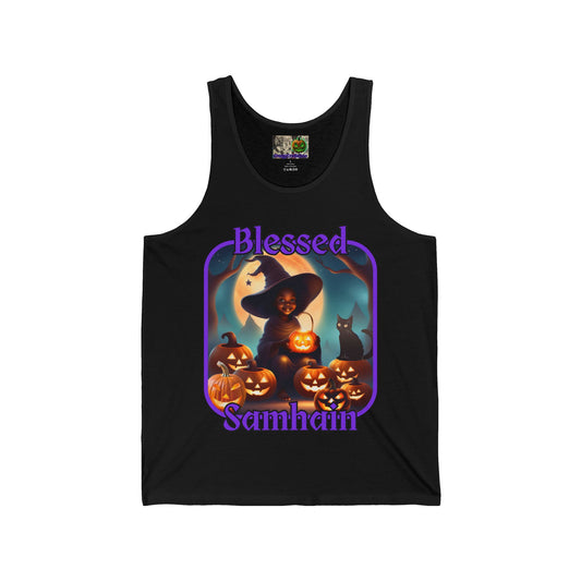 Blessed Samhain Cute Witch Purple font Unisex Jersey Tank Top by CreepyCrafts.boo