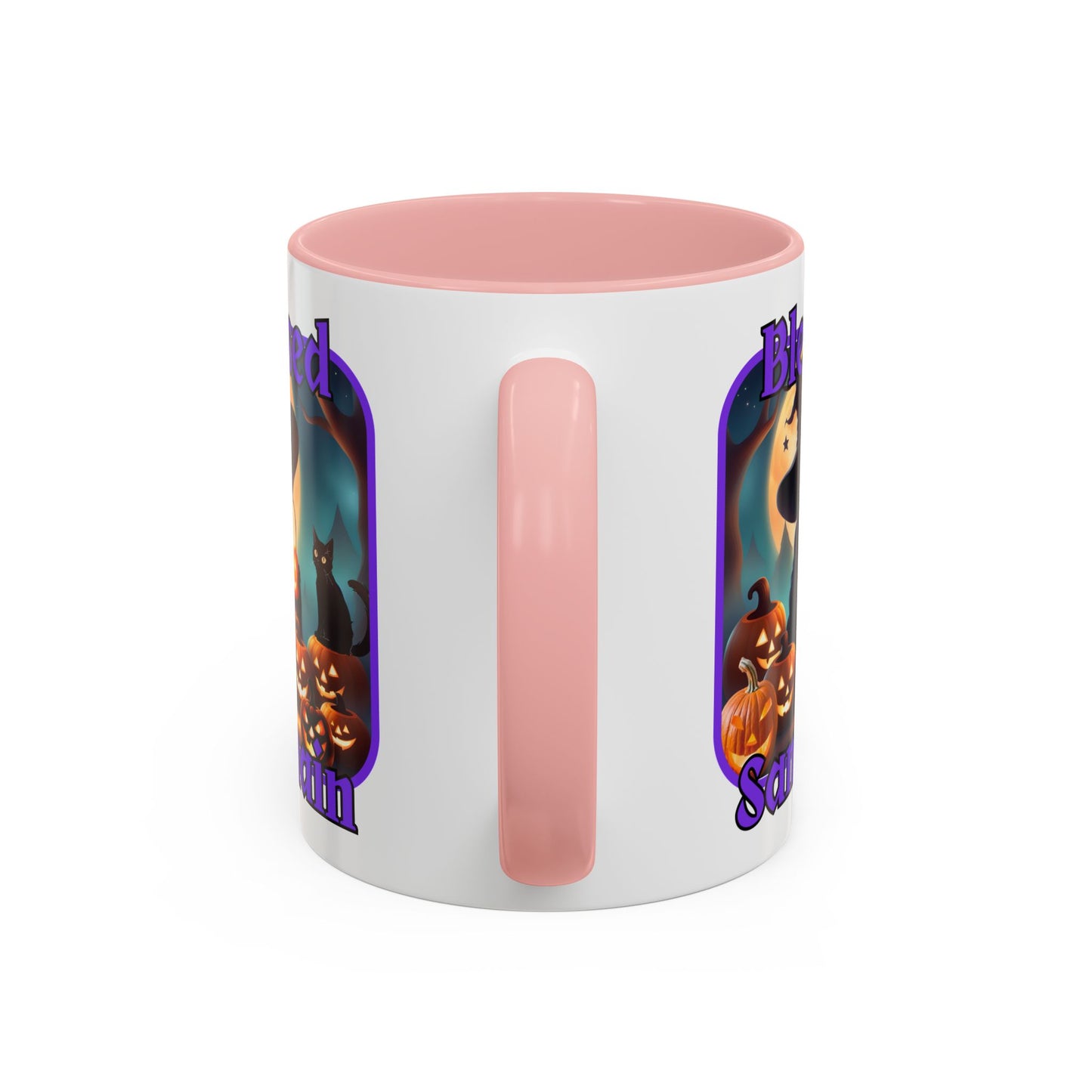 Blessed Samhain Cute Witch Purple font White Accent Mug by CreepyCrafts.boo