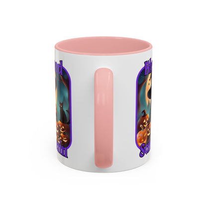 Blessed Samhain Cute Witch Purple font White Accent Mug by CreepyCrafts.boo