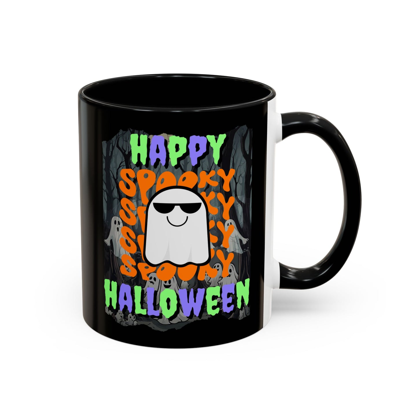 Spooky Happy Halloween Ghost Mixed font Black Accent Mug by CreepyCrafts.boo