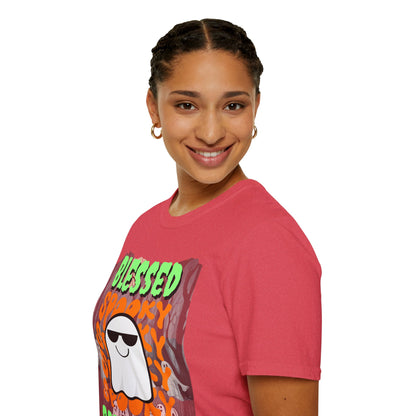 Spooky Blessed Samhain Ghost Green font Unisex T-Shirt by CreepyCrafts.boo