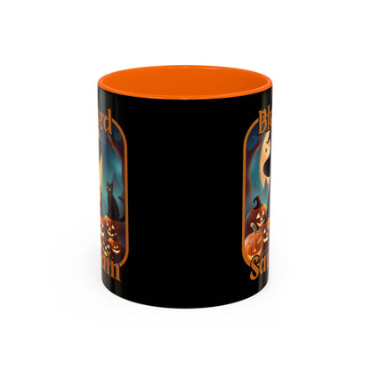 Blessed Samhain Cute Witch Orange font Black Accent Mug by CreepyCrafts.boo