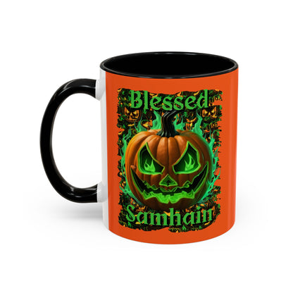 Blessed Samhain Green Jack Orange Accent Mug by CreepyCrafts.boo