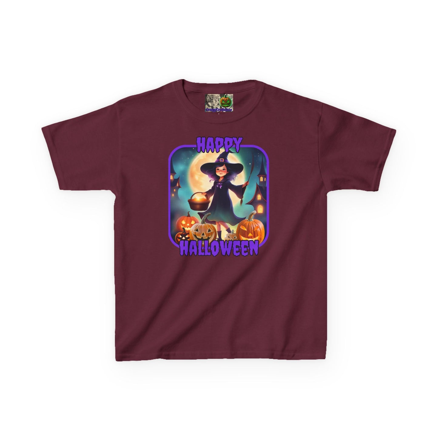 Happy Halloween Little Witch Purple font Kids Heavy Cotton™ Tee by CreepyCrafts.boo