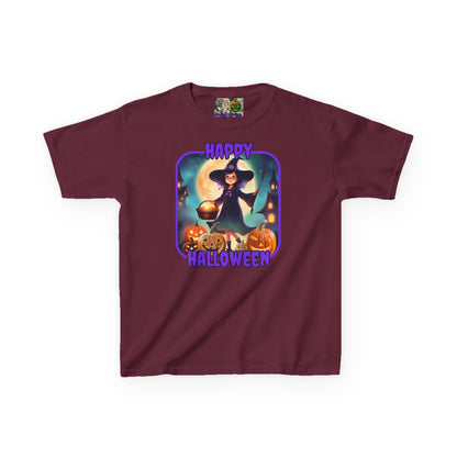 Happy Halloween Little Witch Purple font Kids Heavy Cotton™ Tee by CreepyCrafts.boo