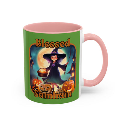 Blessed Samhain Little Witch Orange font Green Accent Mug by CreepyCrafts.boo
