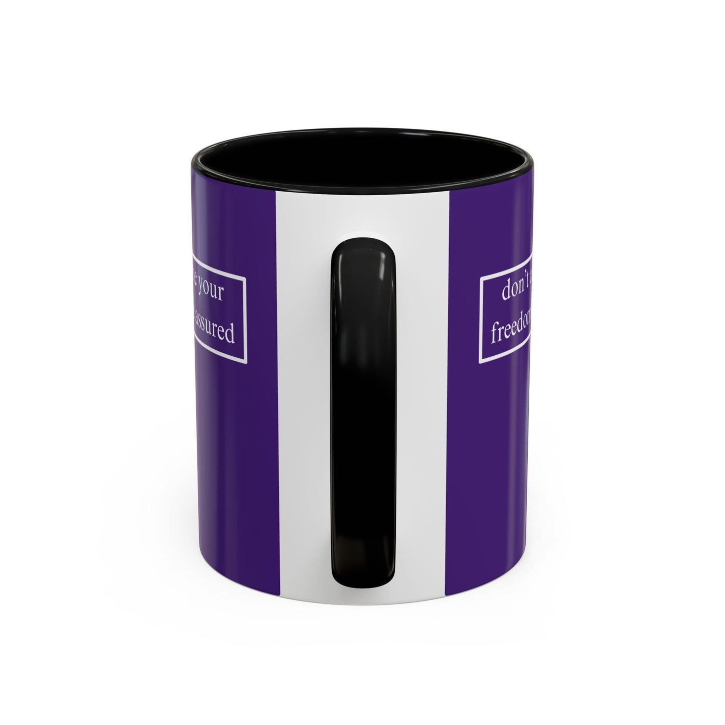 don't assume your freedoms are assured, White font, Dark Purple Accent Mug by cypherpunkgear.com