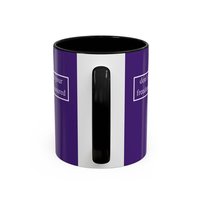don't assume your freedoms are assured, White font, Dark Purple Accent Mug by cypherpunkgear.com