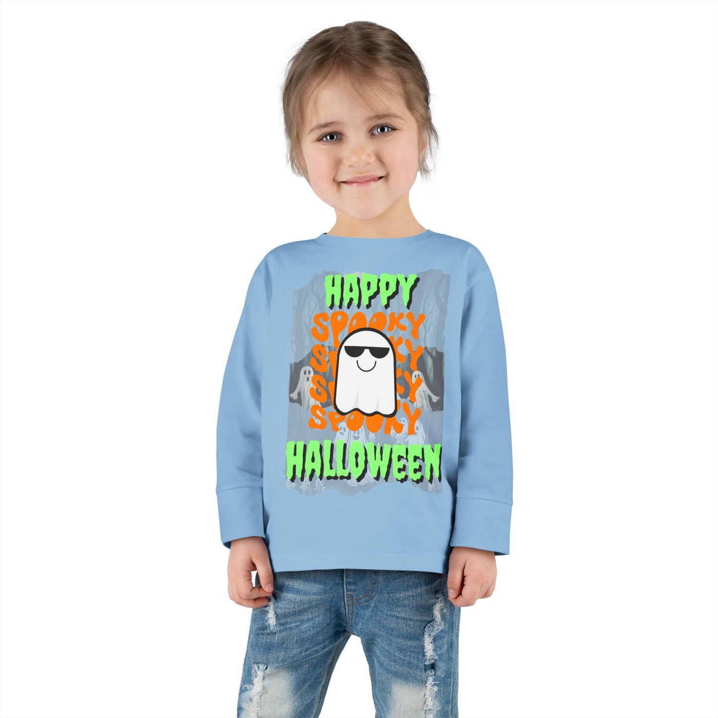Spooky Happy Halloween Ghost Green font Toddler Long Sleeve Tee by CreepyCrafts.boo