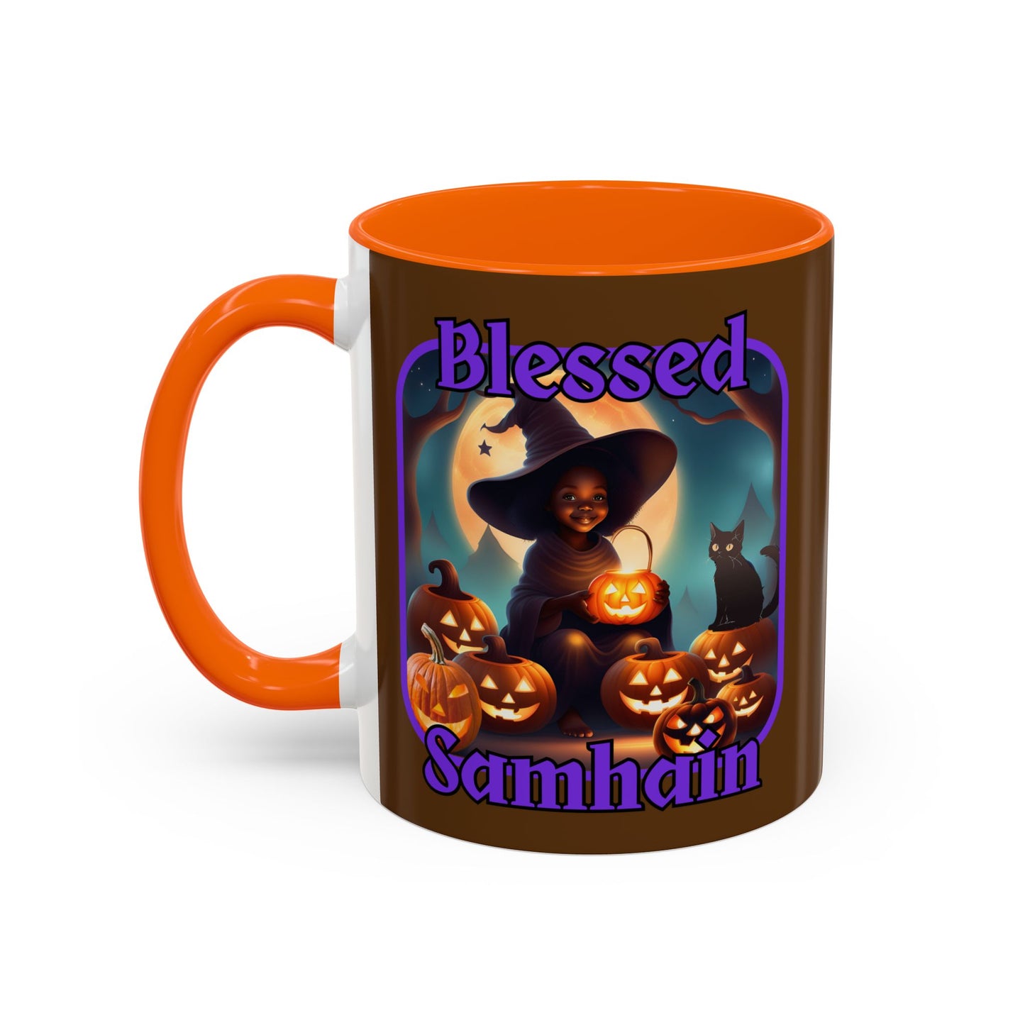 Blessed Samhain Cute Witch Purple font Brown Accent Mug by CreepyCrafts.boo