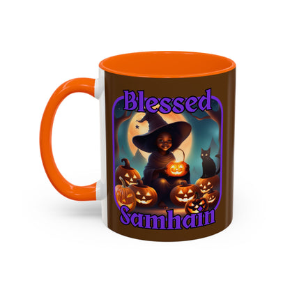Blessed Samhain Cute Witch Purple font Brown Accent Mug by CreepyCrafts.boo
